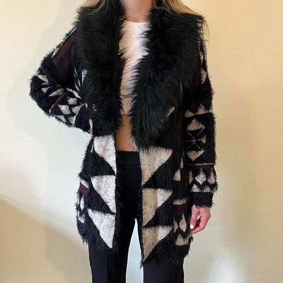 BCBGMAXAZRIA Faux Fur Trim Cardigan Sweater Large Black/Red Aztec Tribal Boho - Picture 1 of 12
